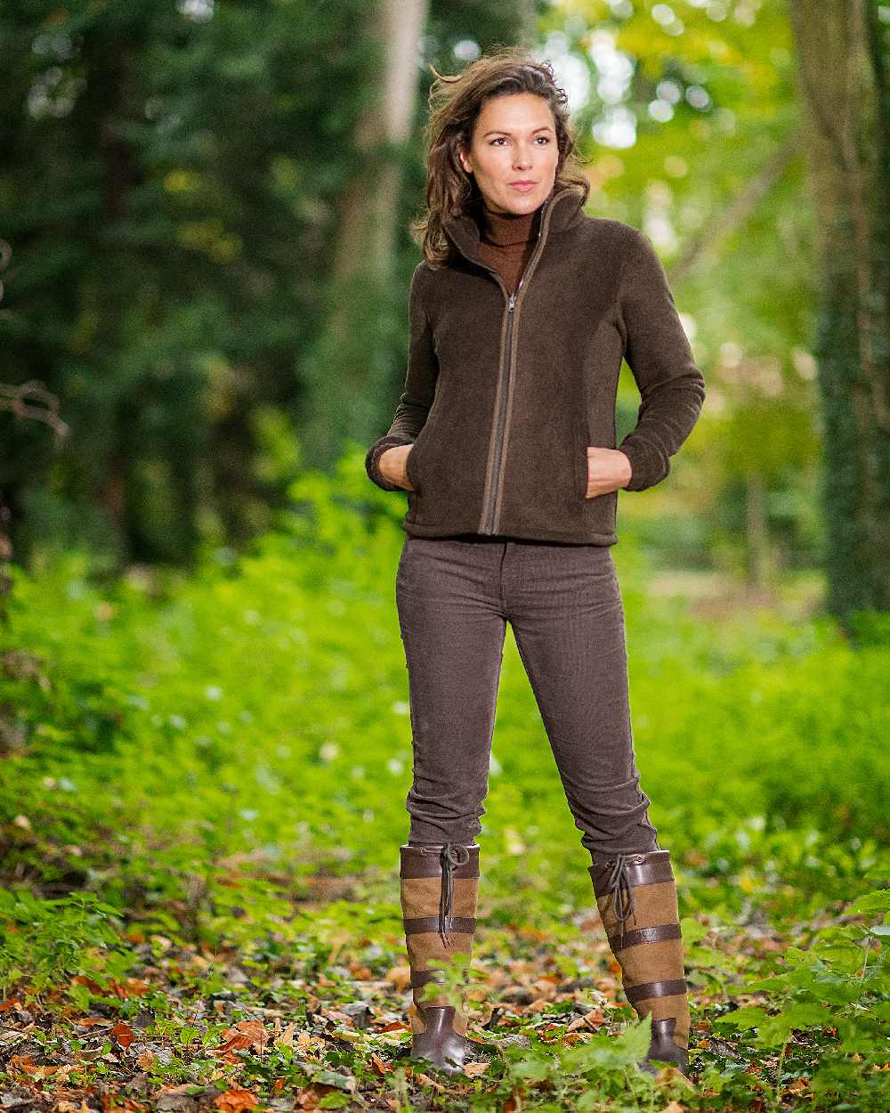 Chocolate Coloured Baleno Sarah Fleece Jacket on forest background