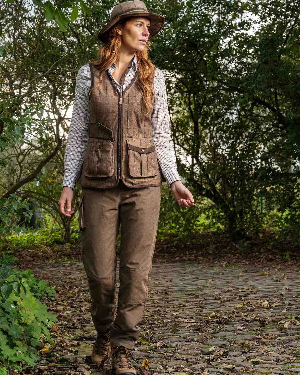 Check Khaki Coloured Baleno Womens Kenwood Shooting Vest on countryside background