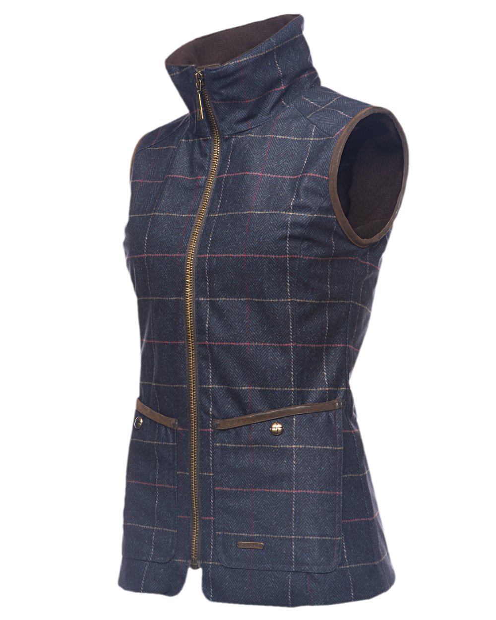Check Navy Coloured Baleno Womens Perth Printed Tweed Bodywarmer on white background