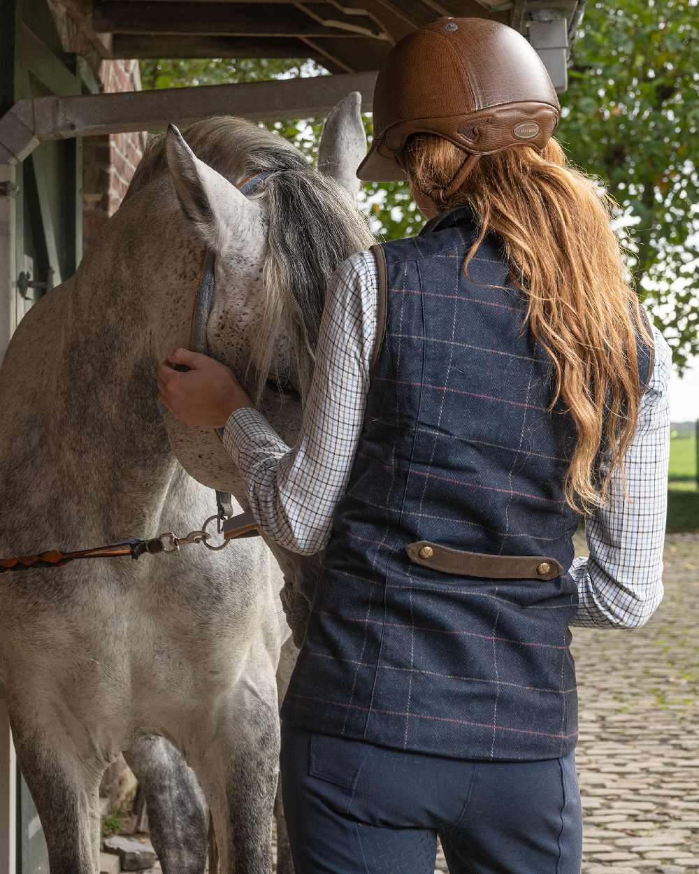 Check Navy Coloured Baleno Womens Perth Printed Tweed Bodywarmer on stable background