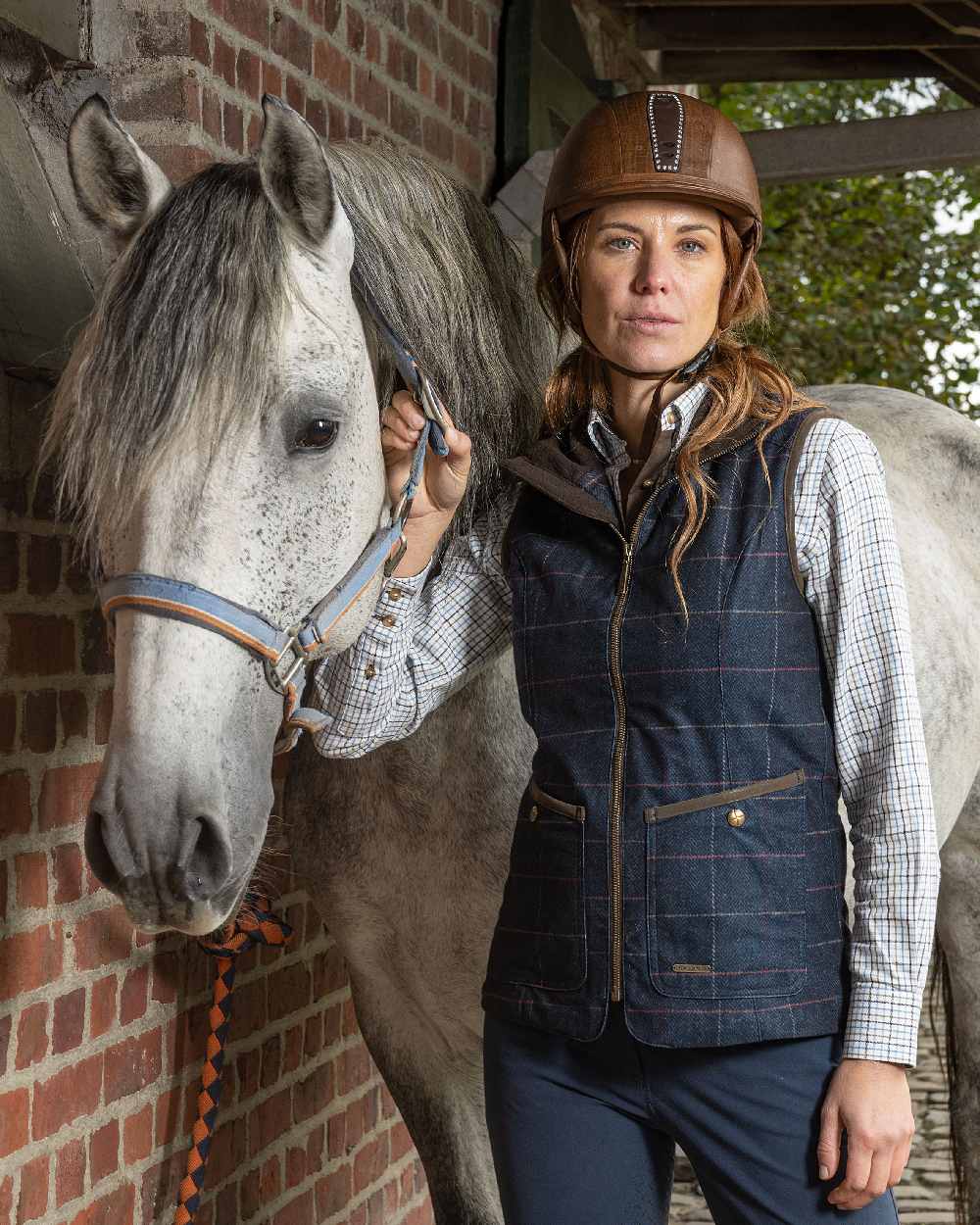 Check Navy Coloured Baleno Womens Perth Printed Tweed Bodywarmer on stable background