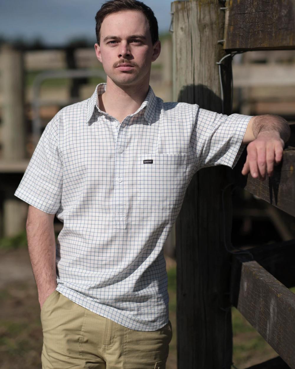 Cream Cool Blue Coloured Betacraft Mens Horizon Short-Sleeved Shirts on outdoor background