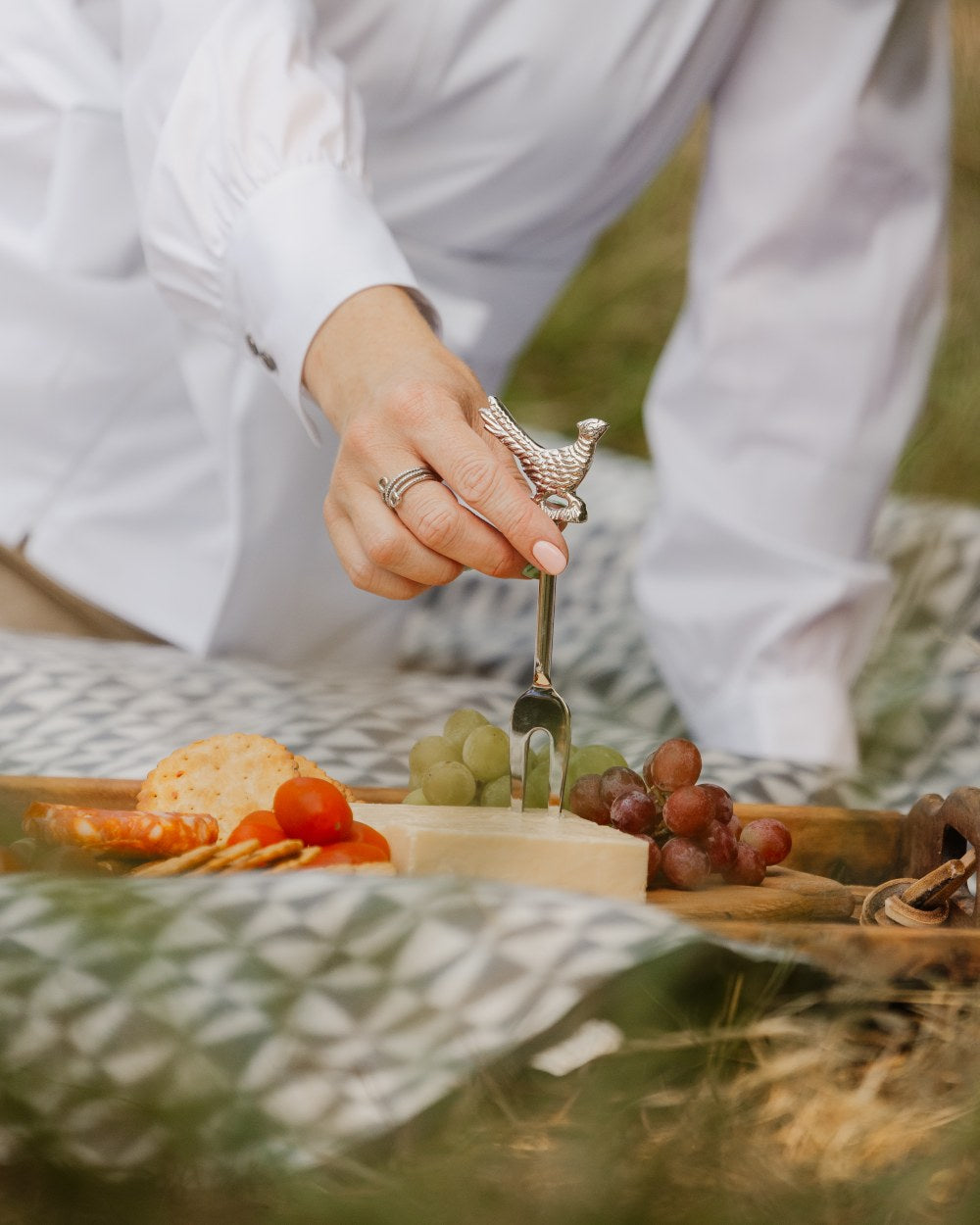 Bisley 3 Piece Stainless Steel Cheese Set on blurry background