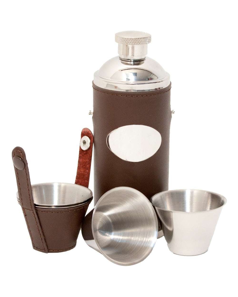 Brown Coloured Bisley David Nickerson Leather Hunter Flask on white background