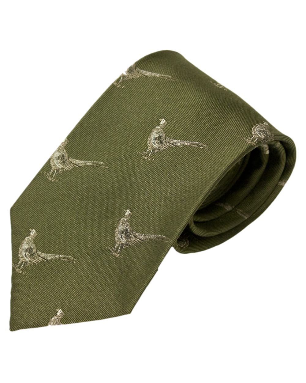 Green Pheasants Style Bisley Silk Tie on white background