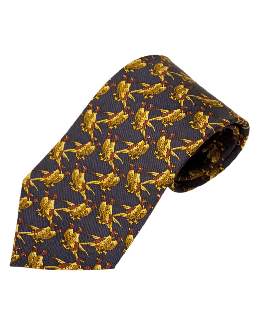 Solid Blue Pheasants Style Bisley Silk Tie on white background