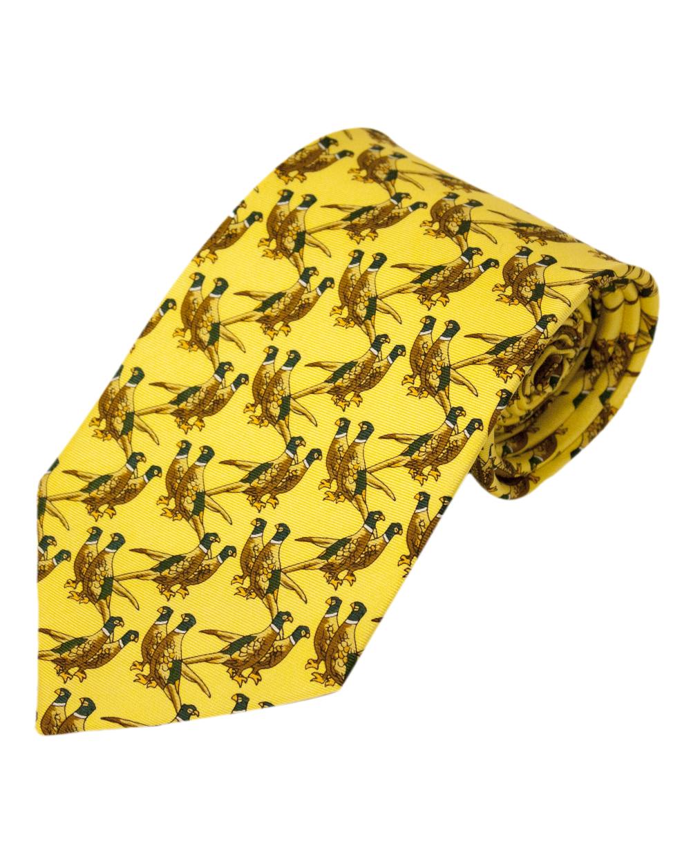 Solid Yellow Pheasants Style Bisley Silk Tie on white background