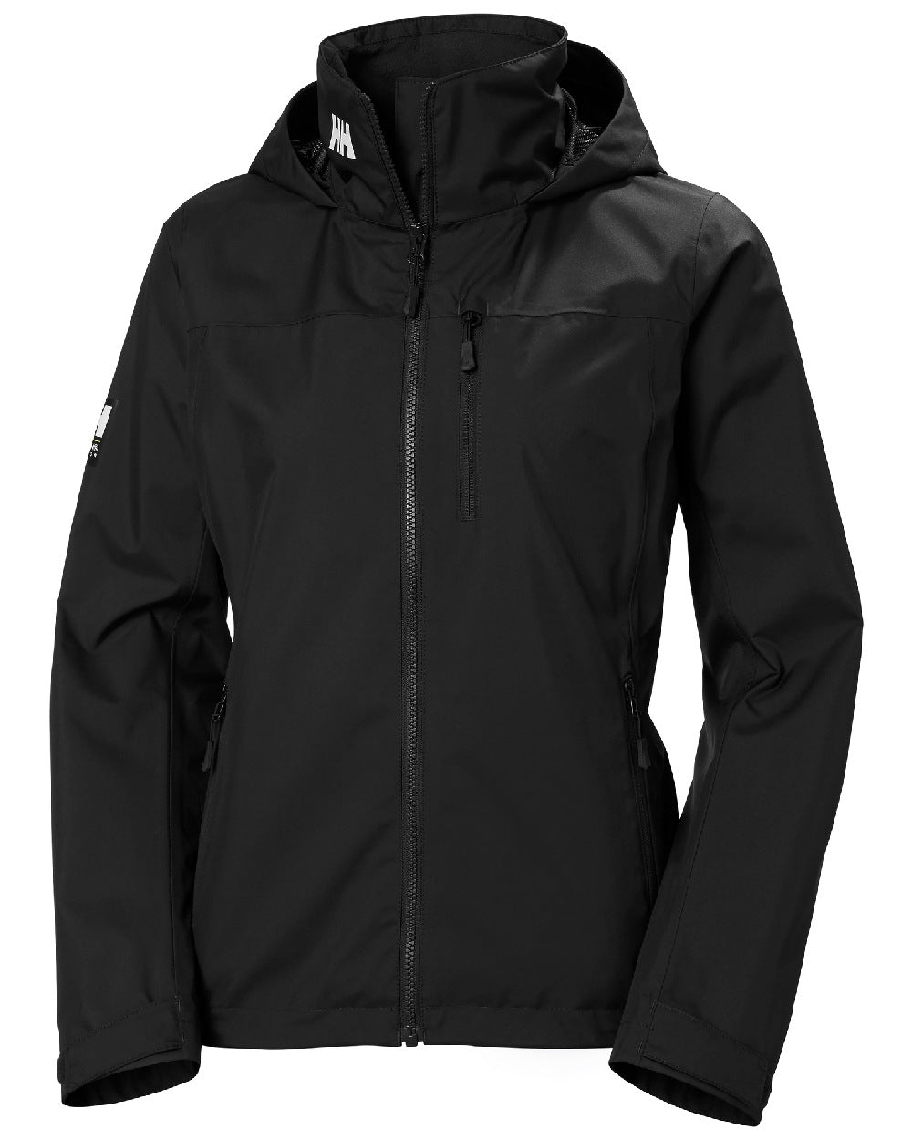 Black coloured Helly Hansen womens crew hooded sailing jacket 2.0 on white background 