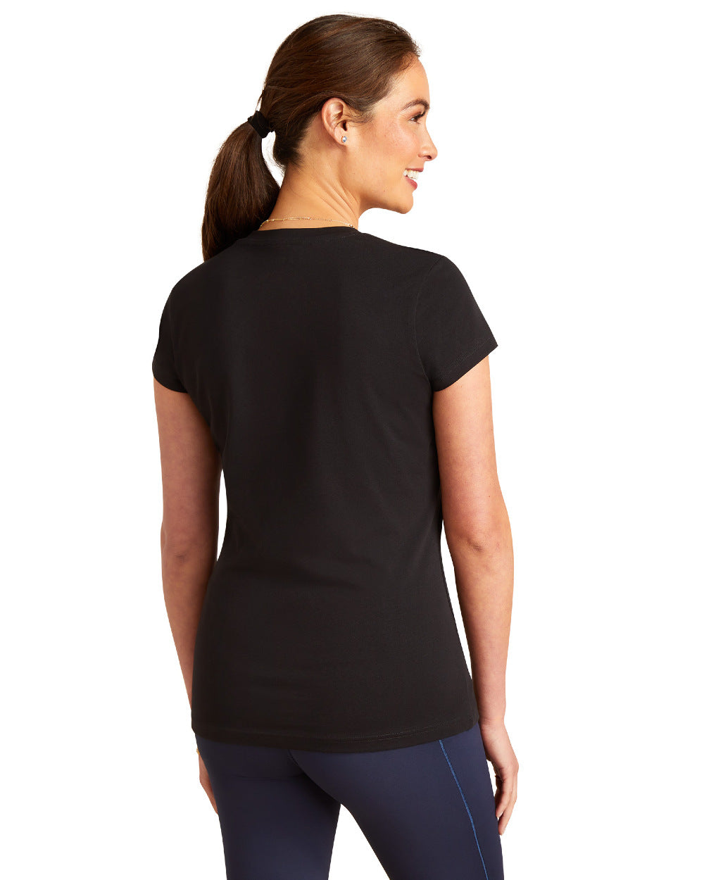 Black coloured Ariat Womens Vertical Logo V T-Shirt On A White Background 