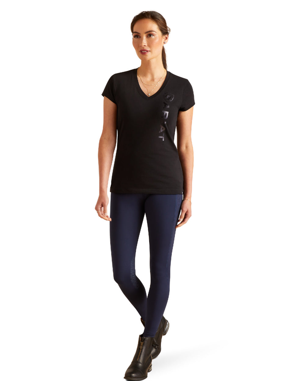 Black coloured Ariat Womens Vertical Logo V T-Shirt On A White Background 