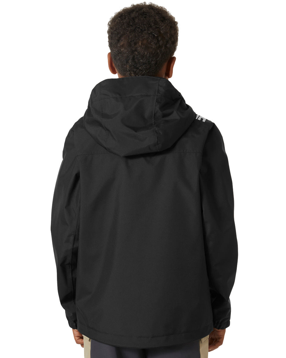Black Coloured Helly Hansen Childrens Crew Hooded Jacket On A White Background