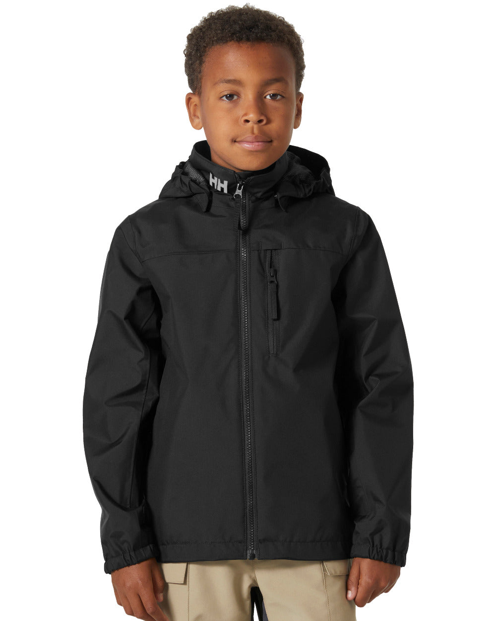 Black Coloured Helly Hansen Childrens Crew Hooded Jacket On A White Background