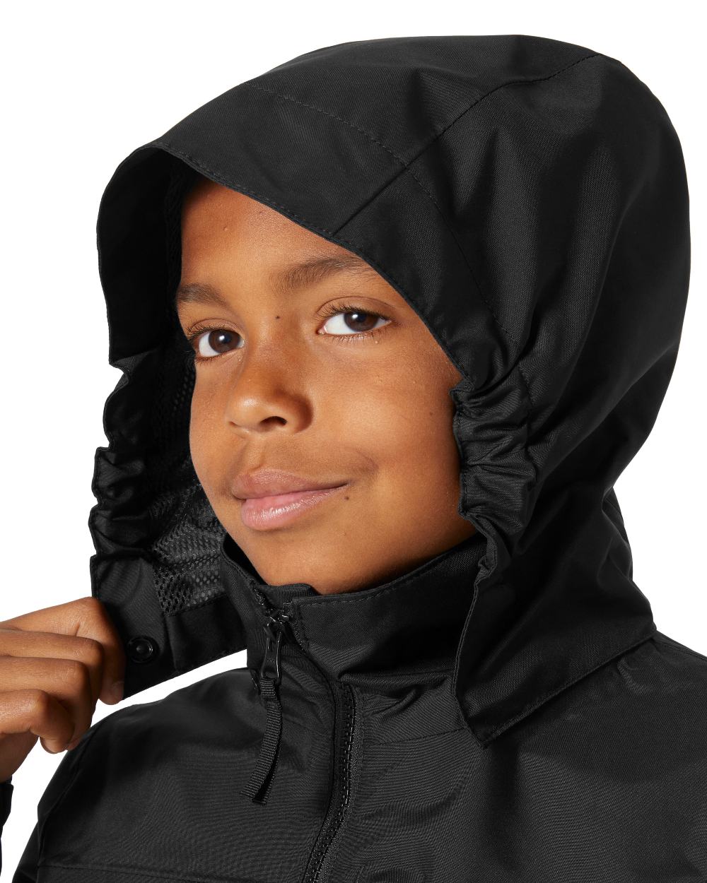 Black Coloured Helly Hansen Childrens Crew Hooded Jacket On A White Background