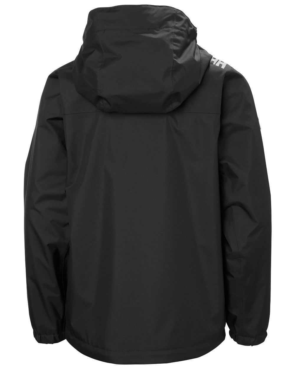 Black Coloured Helly Hansen Childrens Crew Hooded Jacket On A White Background