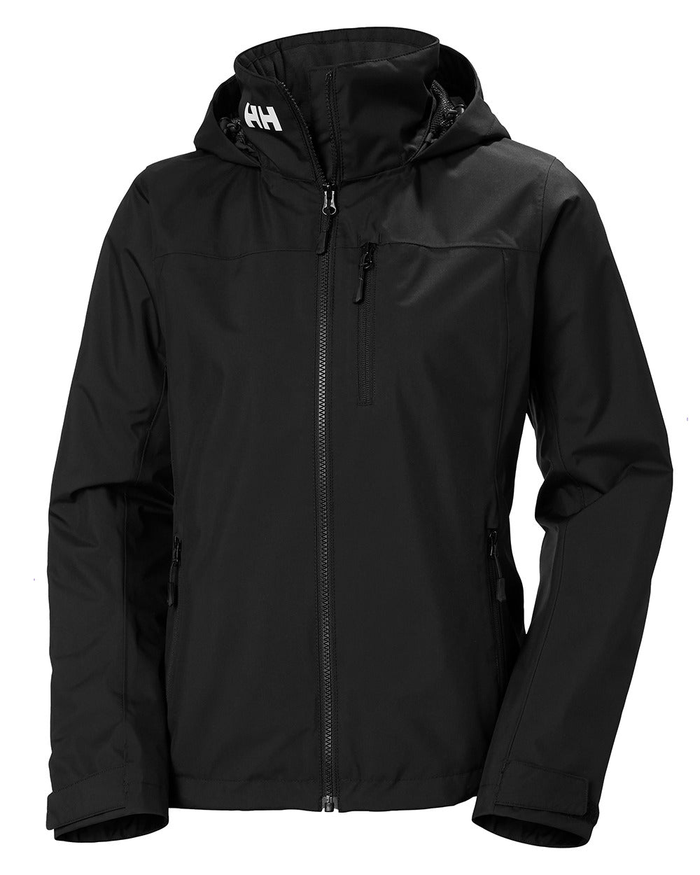 Black Coloured Helly Hansen Womens Crew Hooded Midlayer Sailing Jacket 2.0 On A White Background