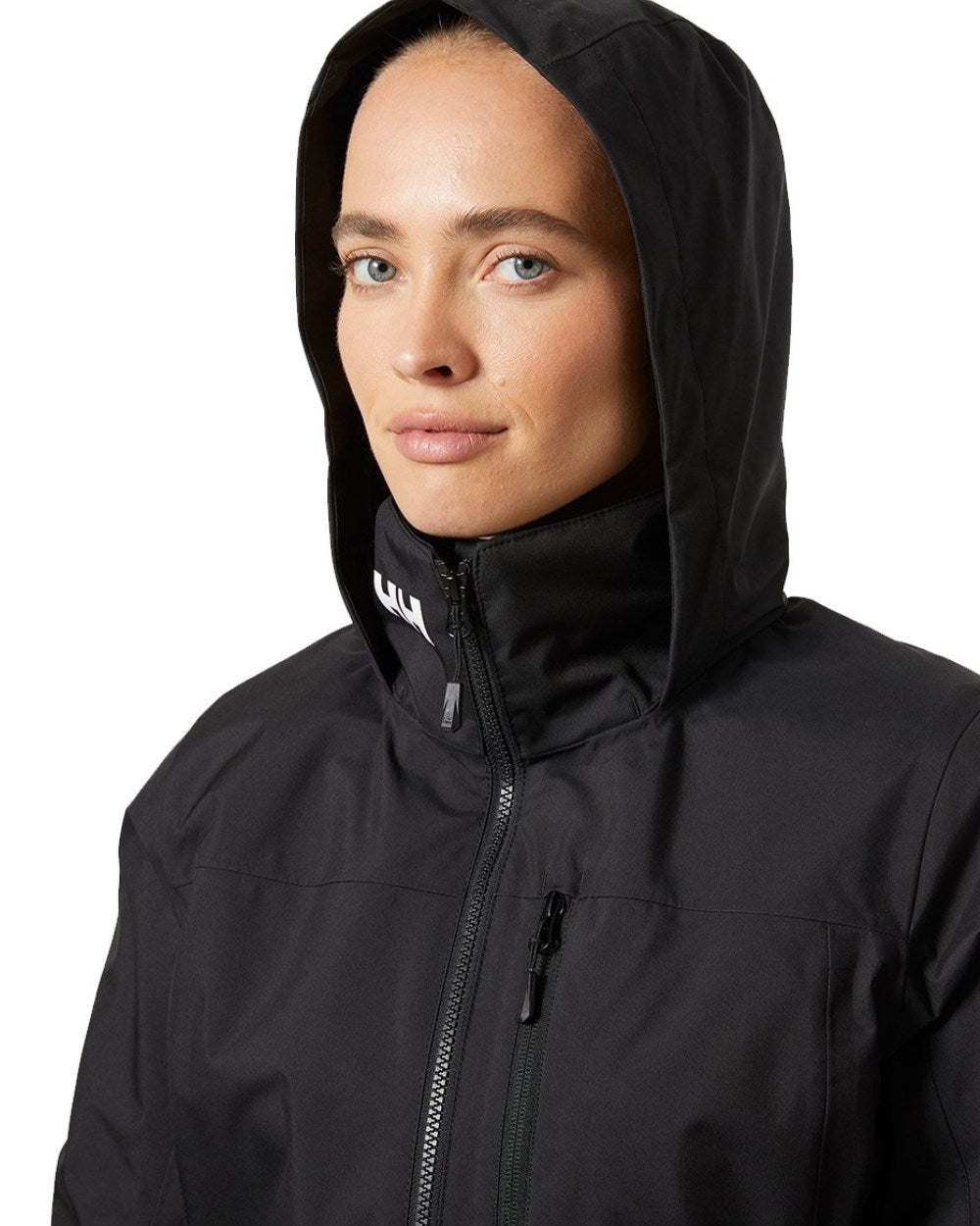 Black Coloured Helly Hansen Womens Crew Hooded Midlayer Sailing Jacket 2.0 On A White Background