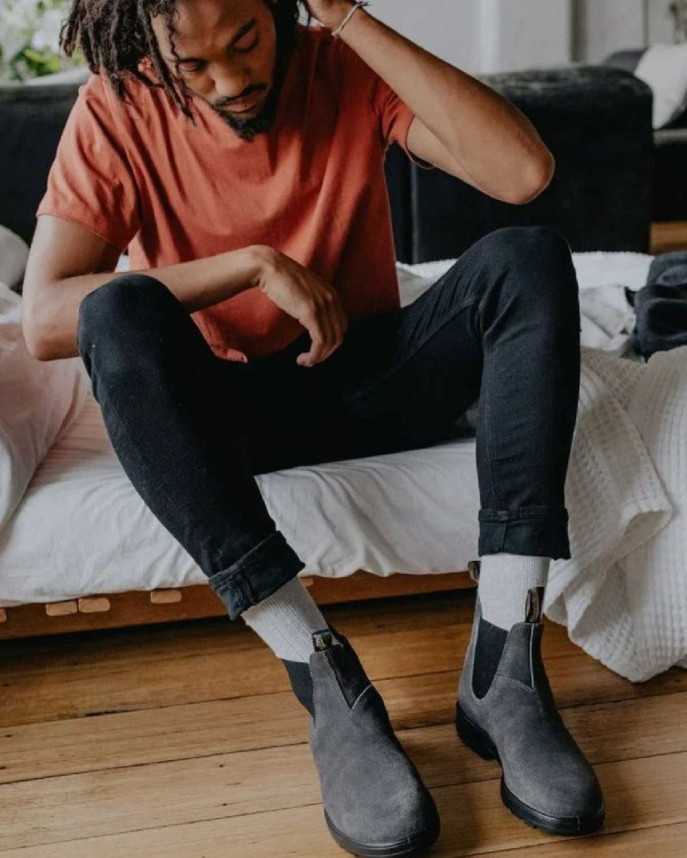 Steel Grey coloured Blundstone 1910 Steel Grey Suede Leather Chelsea Boots on house background