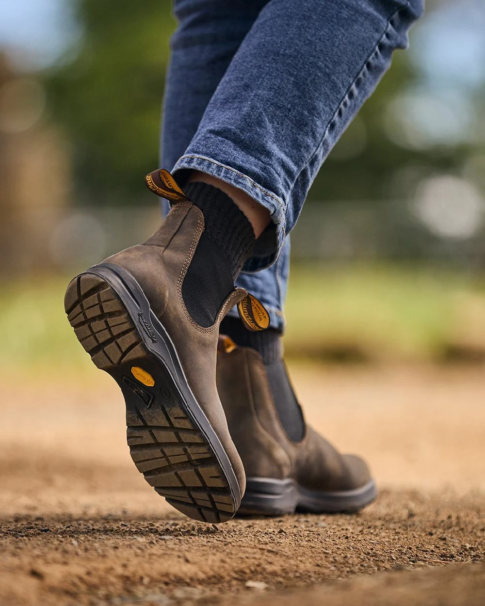 Rustic Brown Coloured Blundstone 2056 Rustic Brown Chelsea Boots on outdoor background