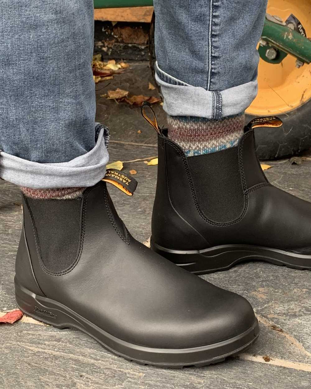 Black Coloured Blundstone 2058 Black Chelsea Boots on outdoor background