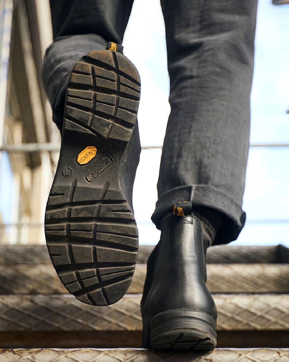 Black Coloured Blundstone 2058 Black Chelsea Boots on outdoor background