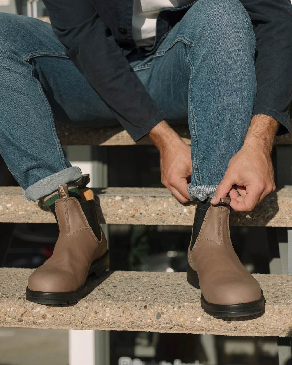 Taupe Coloured Blundstone 2341 Taupe Chelsea Boots on outdoor background