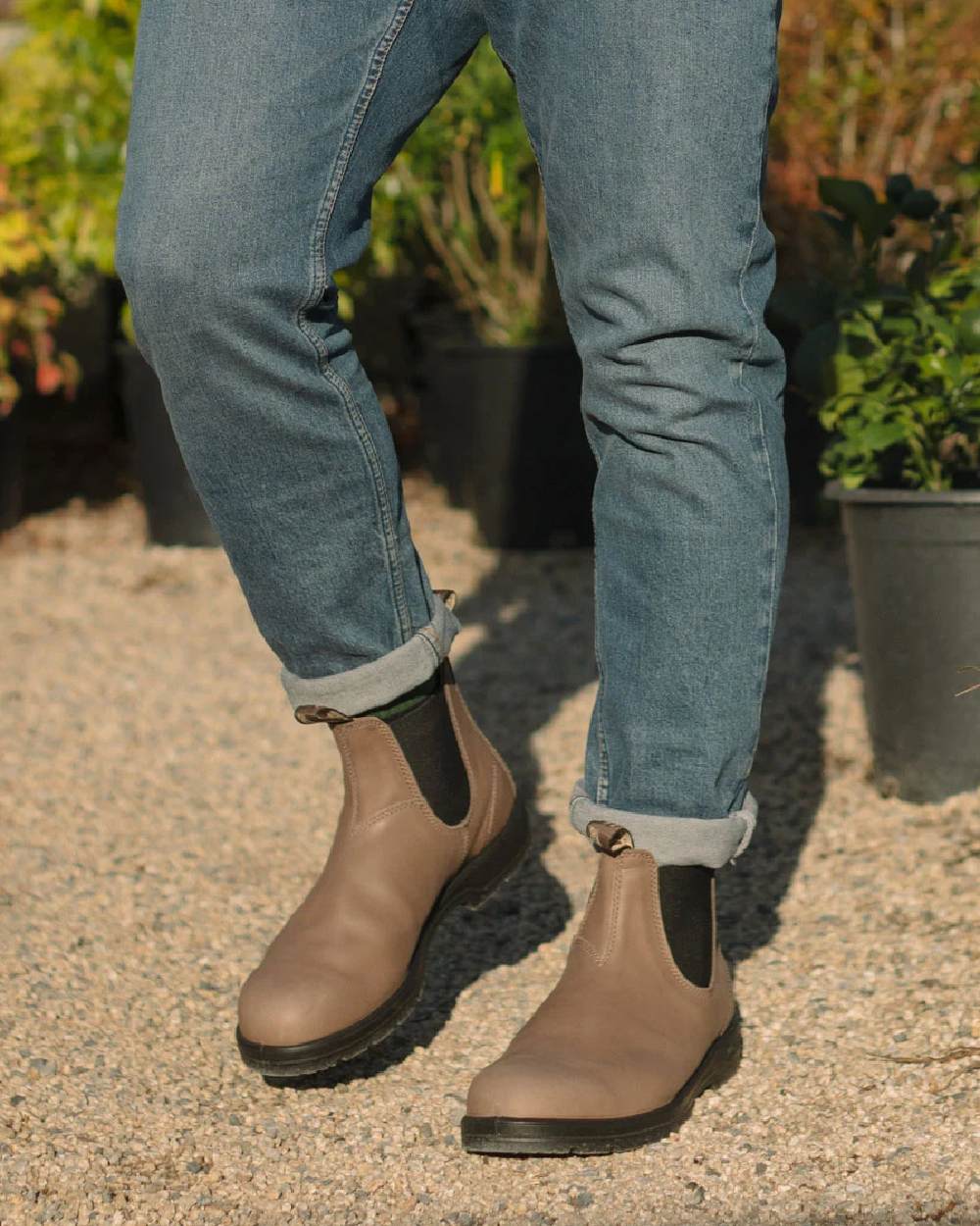 Taupe Coloured Blundstone 2341 Taupe Chelsea Boots on outdoor background