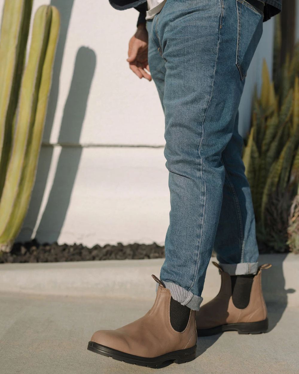Taupe Coloured Blundstone 2341 Taupe Chelsea Boots on outdoor background
