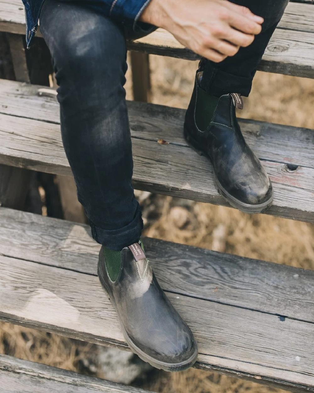 Stout Brown olive coloured Blundstone 519 Stout Brown Chelsea Boots on stairs background