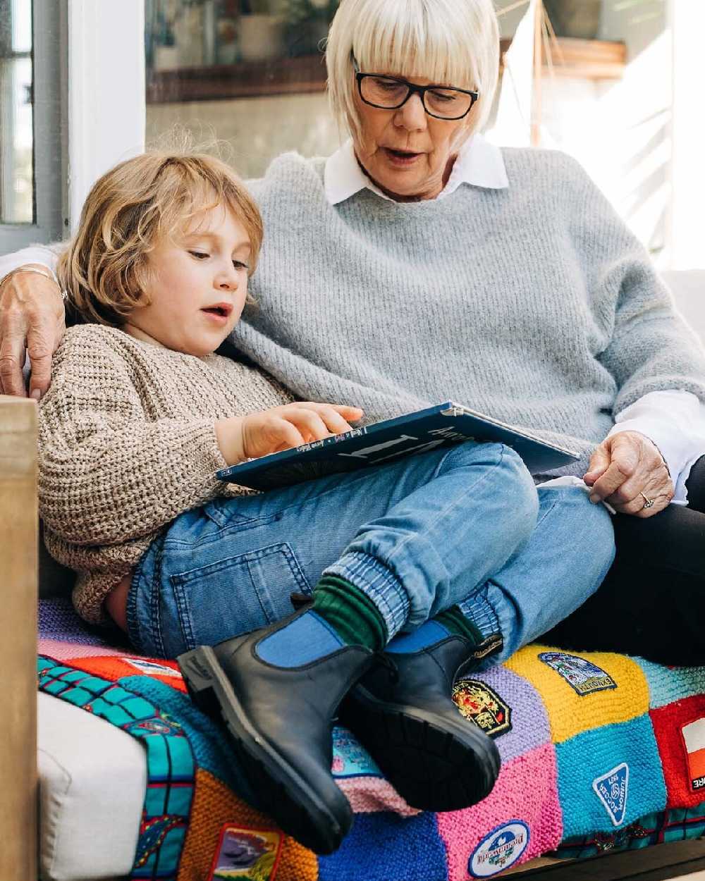Black Blue Coloured Blundstone Childrens 580 Black Blue Chelsea Boots on indoor background