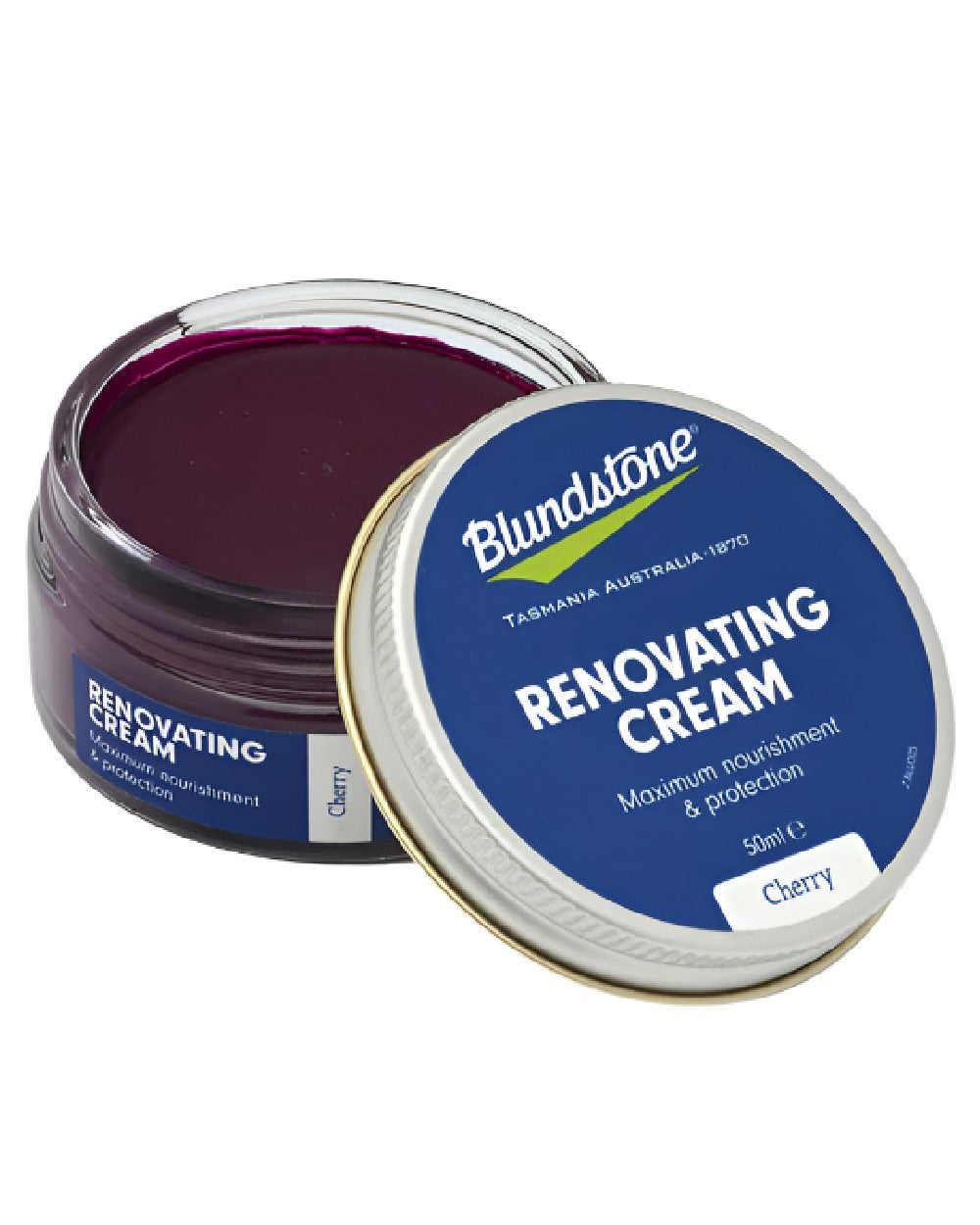Cherry Coloured Blundstone Renovating Cream on white background