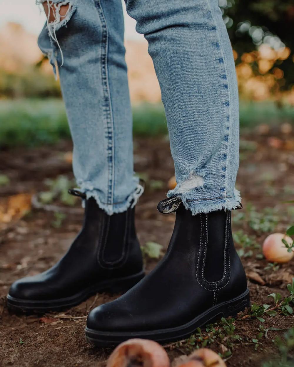 Black Coloured Blundstone Womens 1448 Black Chelsea Boots on outdoor background