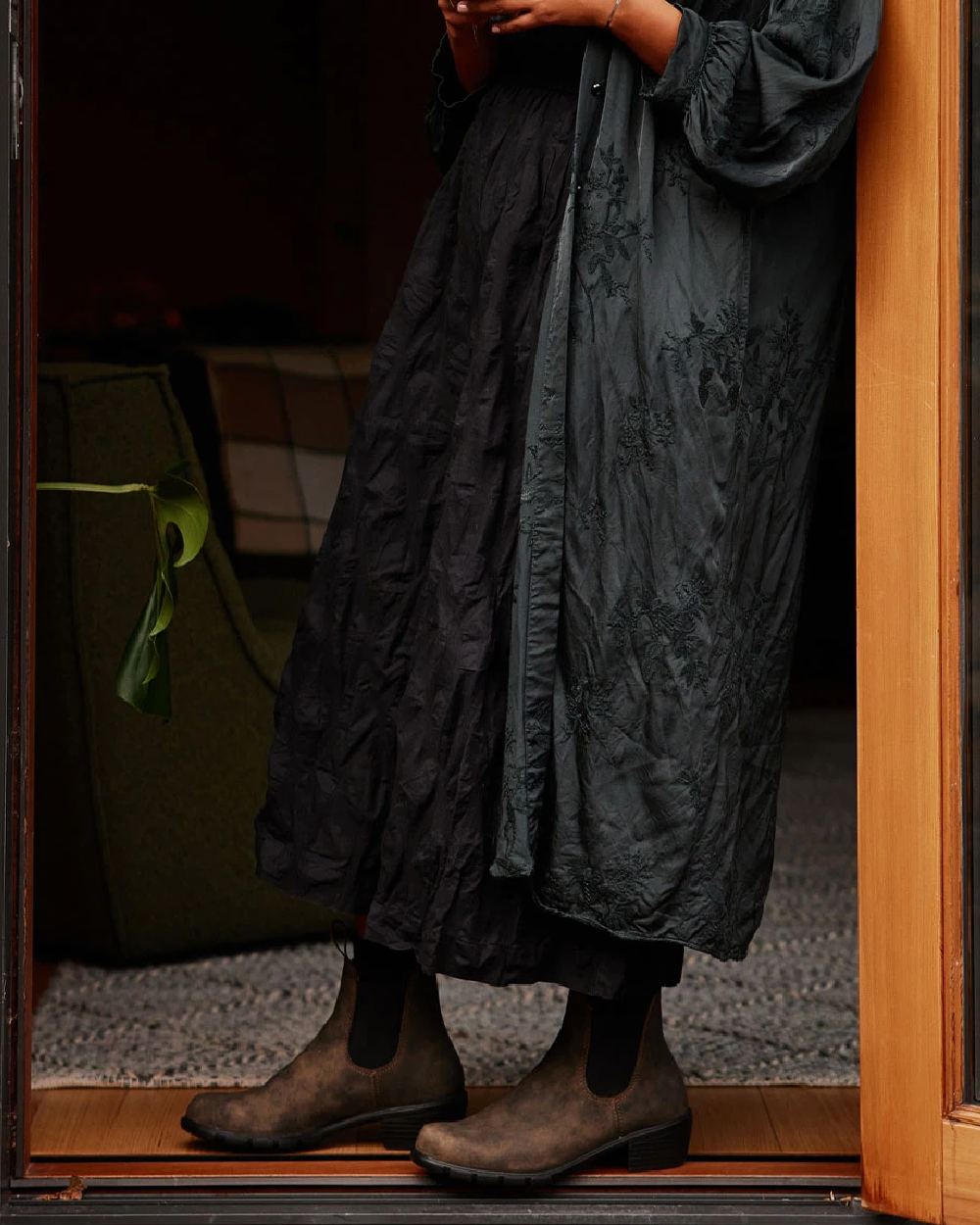 Rustic Brown coloured Blundstone Womens 1677 Leather Boots on house background