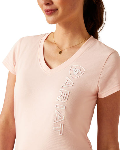 Blushing Rose coloured Ariat Womens Vertical Logo V T-Shirt On A White Background 