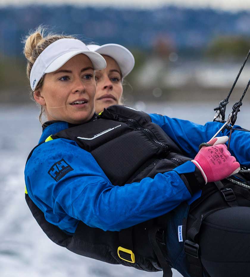 Pair of Female sailors wearing buoyancy aids whilst dingy sailing with the sea in the back ground.