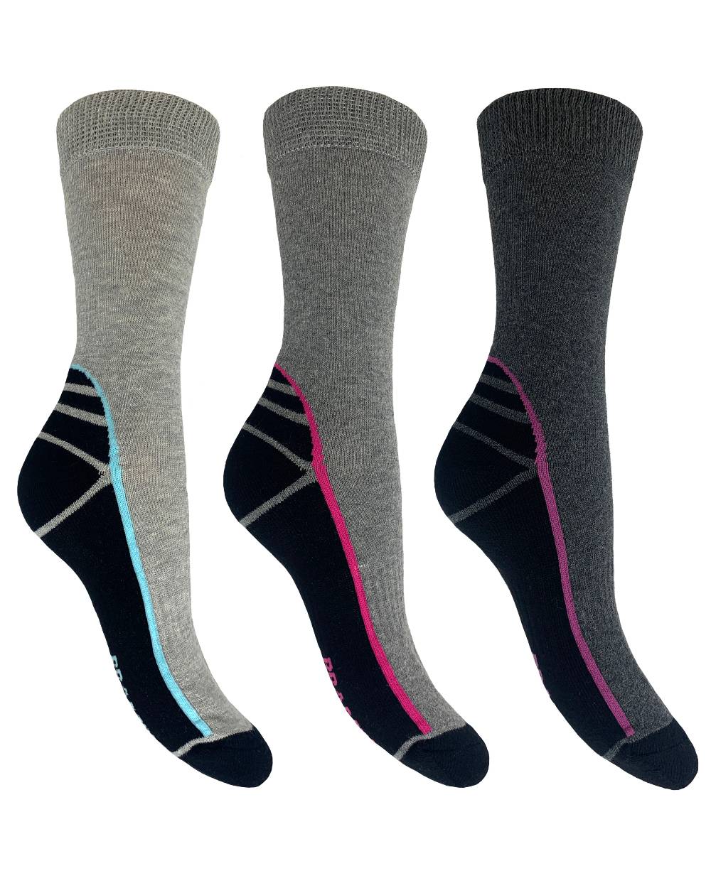 Grey Black coloured Bramble Womens Hiker Bamboo Footbed Socks Triple Pack on white backgound