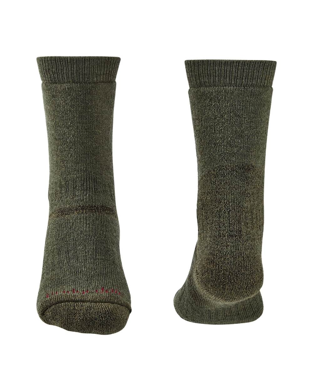 Front and back of Olive coloured Bridgedale Heavyweight Merino Performance Socks on a white background