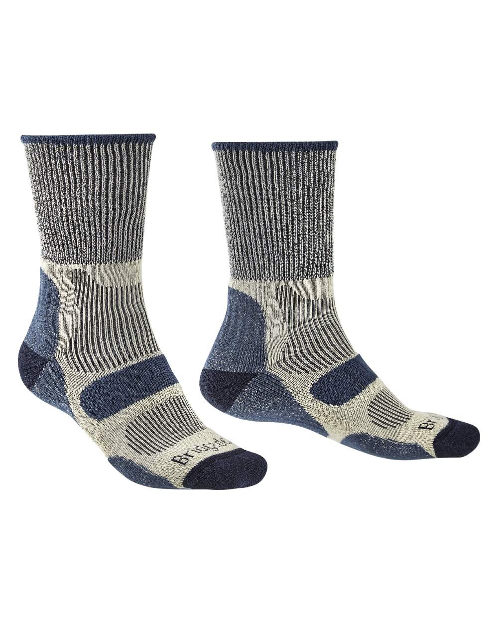 Indigo coloured Bridgedale Hike Lightweight Cotton Cool Socks on white background