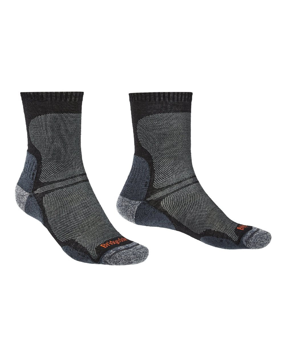 Black coloured Bridgedale Ultra Light Merino Performance Crew Socks on white background