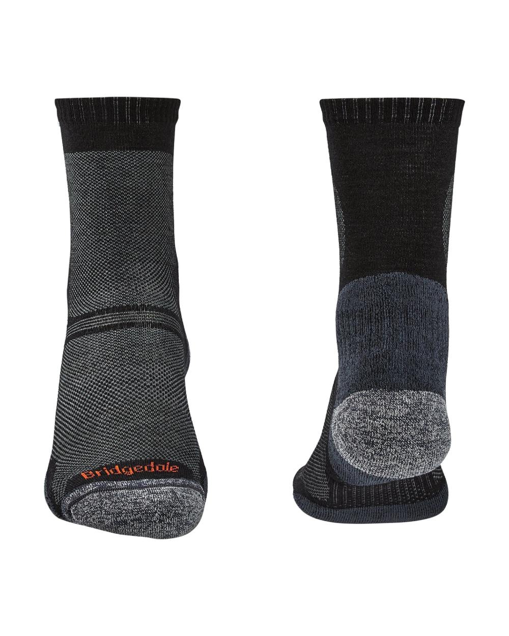 Black coloured Bridgedale Ultra Light Merino Performance Crew Socks on white background