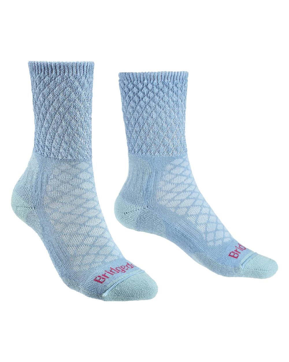Front Powder Blue coloured Bridgedale Womens Lightweight Merino Comfort Boot Socks on a white background