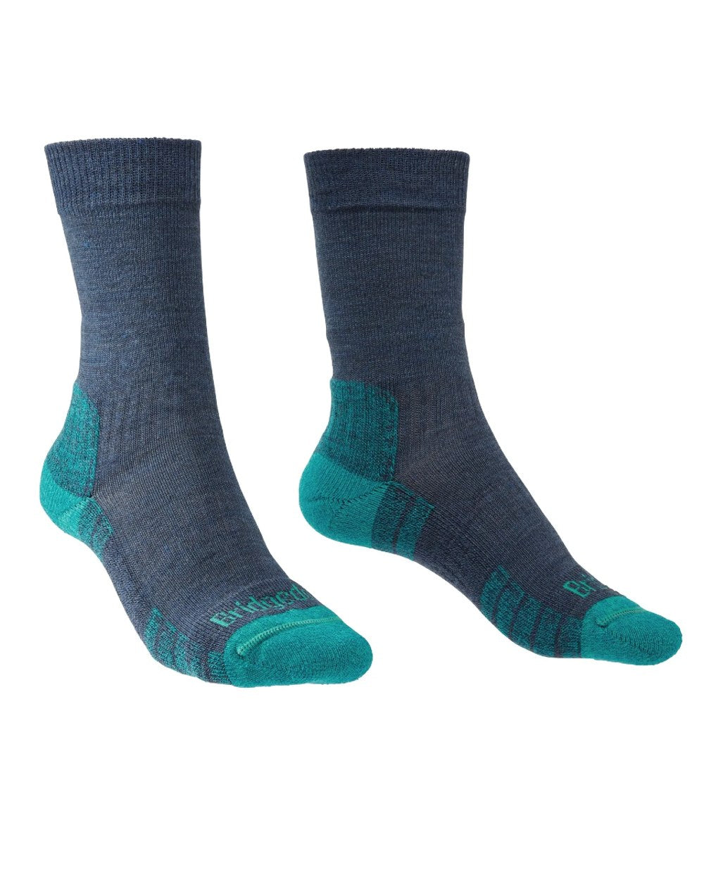 Front of Denim coloured Bridgedale Womens Lightweight Merino Performance Socks on white background