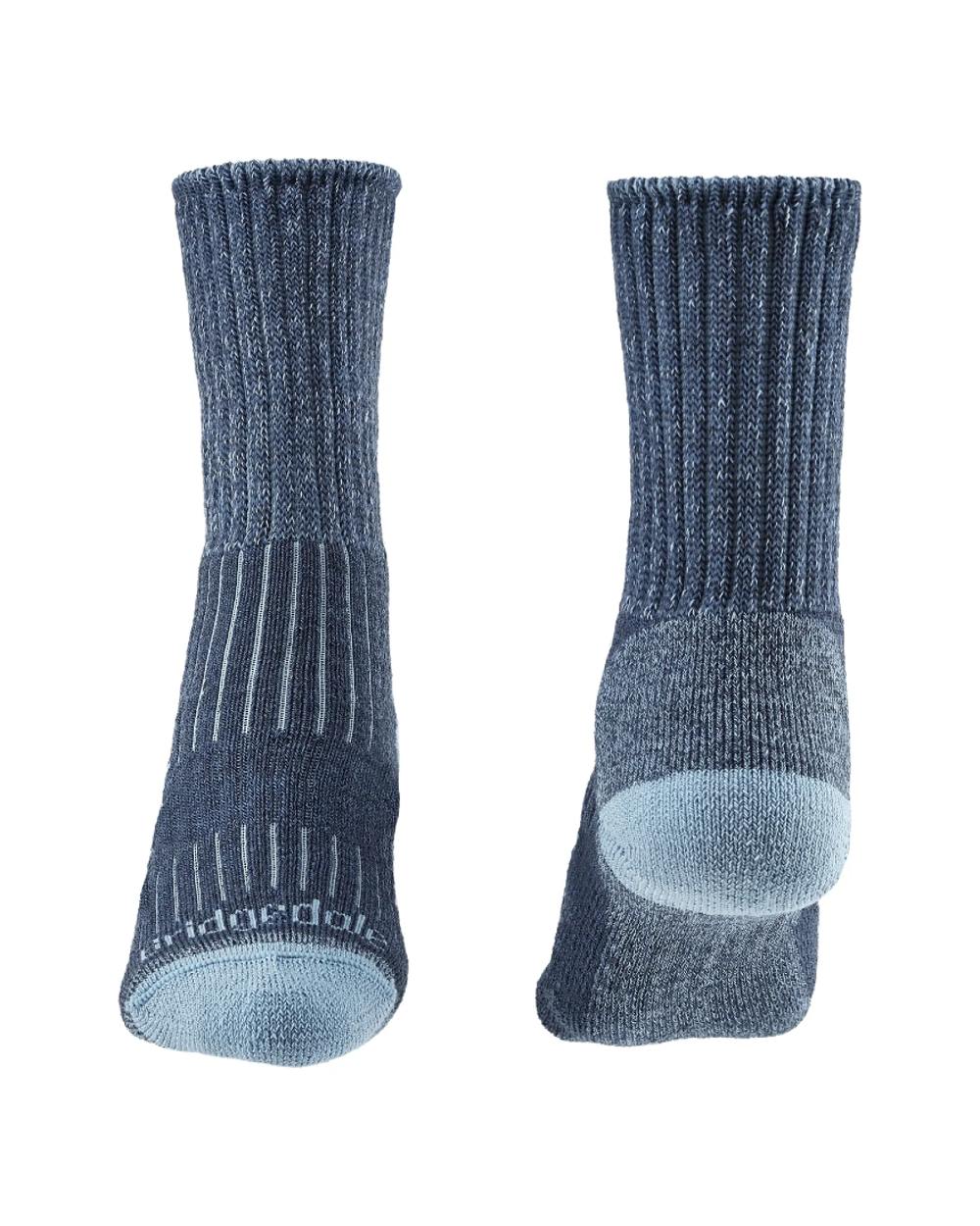 Blue coloured Bridgedale Womens Midweight Merino Comfort Boot Socks on white background