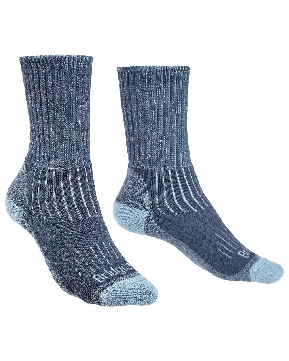 Blue coloured Bridgedale Womens Midweight Merino Comfort Boot Socks on white background
