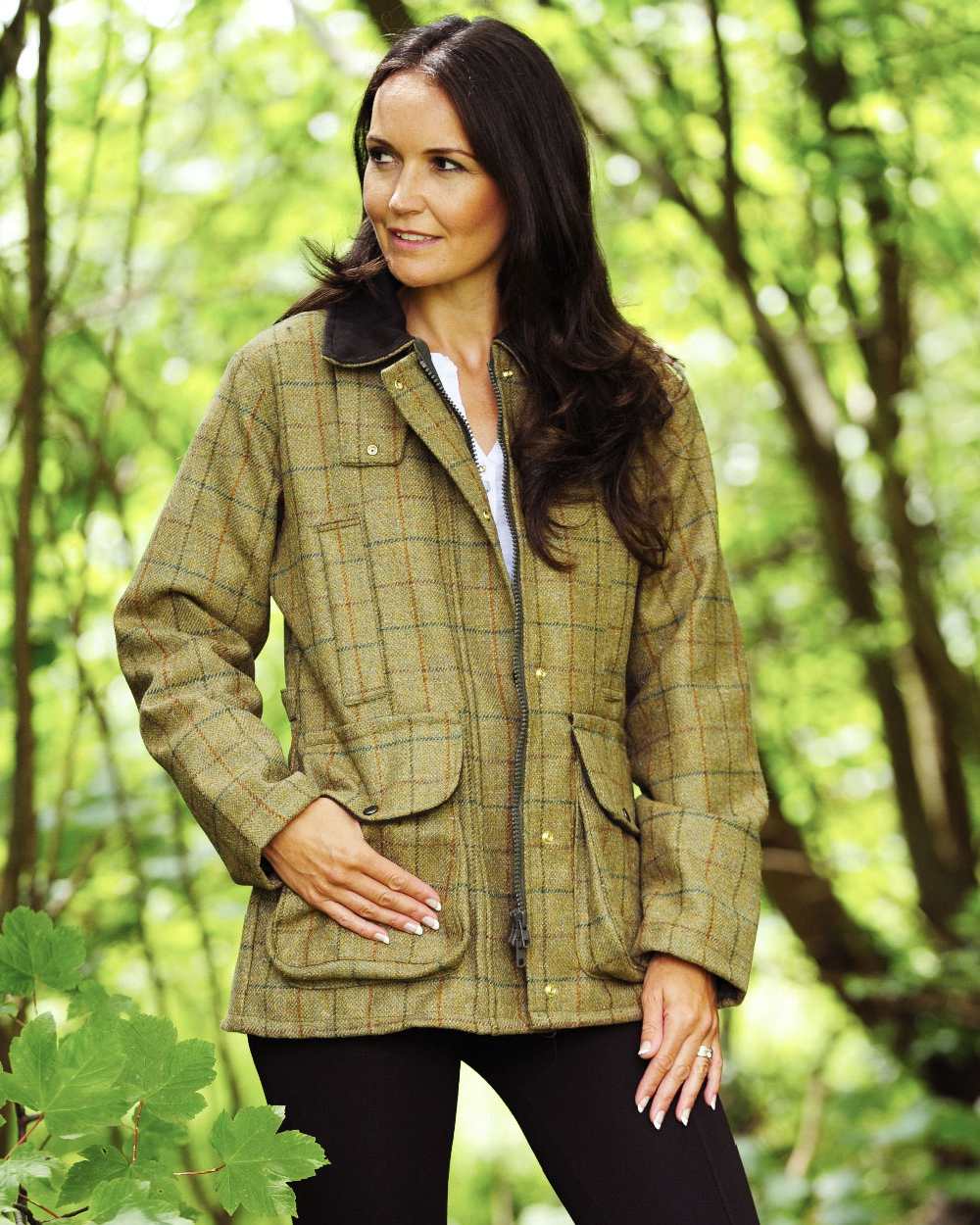 Light Green coloured Bronte Ladies Crompton Tweed Field Coat on tree background