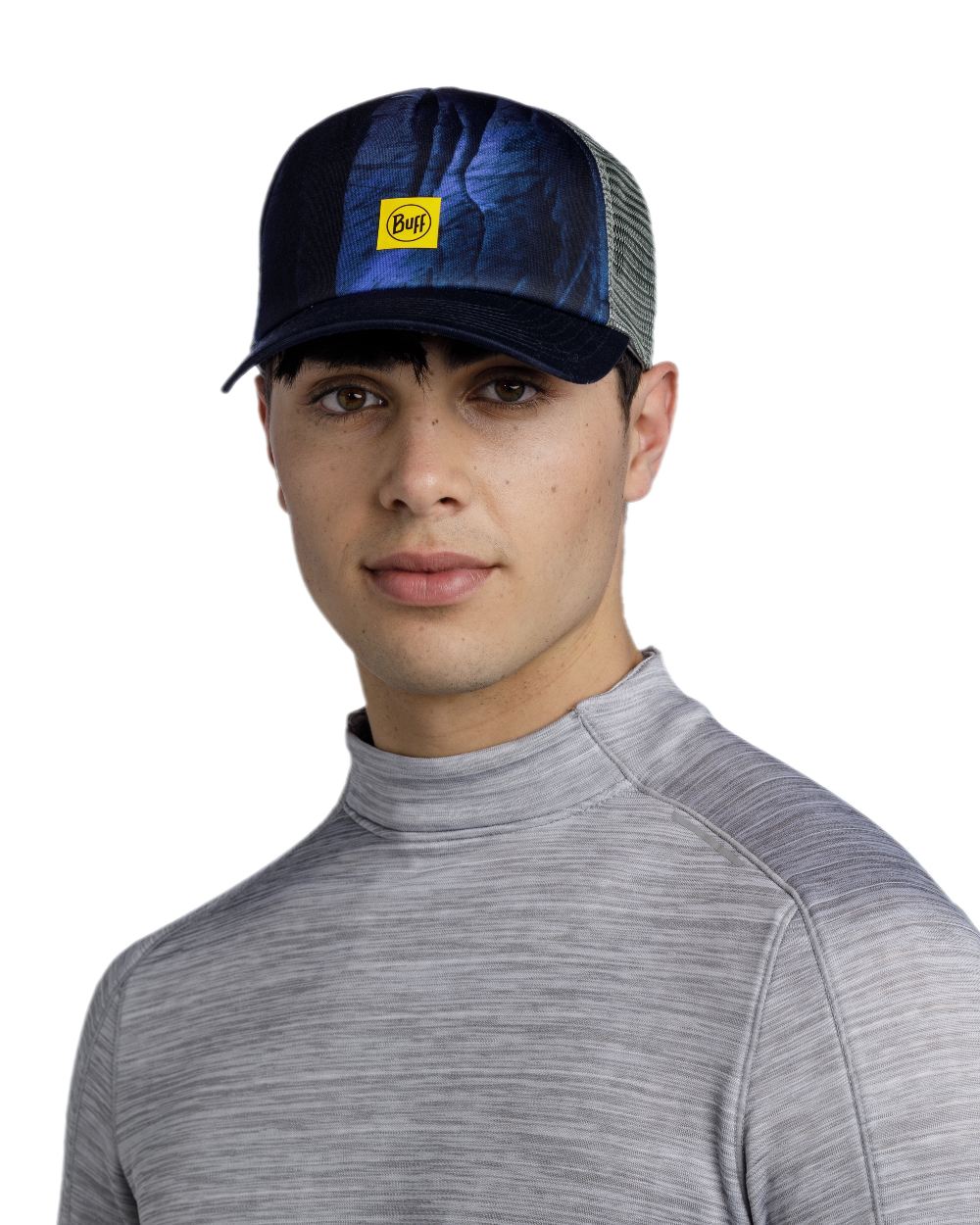 Blue Coloured Buff Arius Pro-Team Trucker Cap on white background