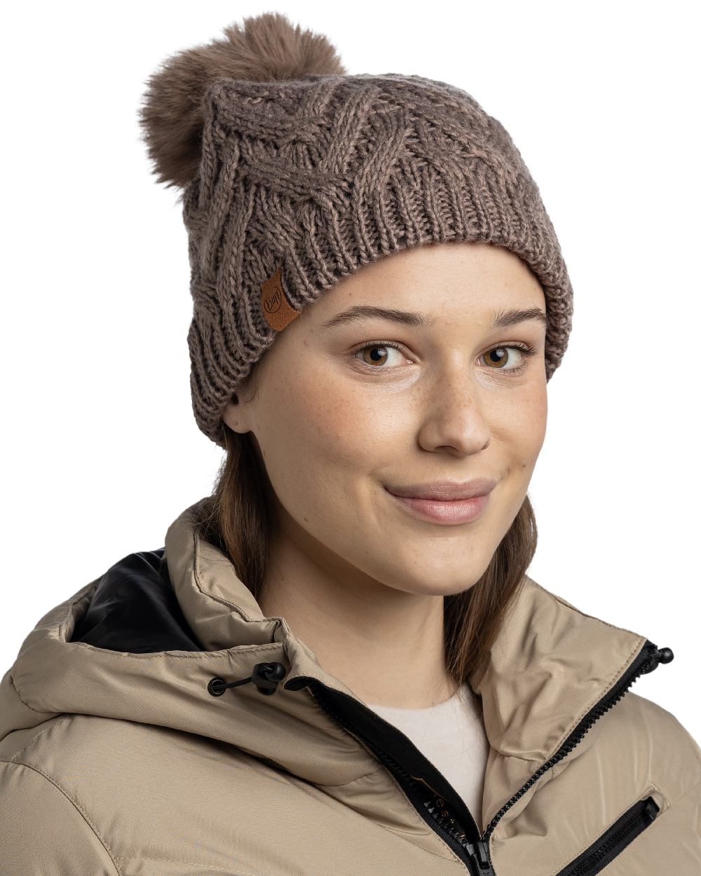 Cobblestone Coloured Buff Caryn Knitted And Fleece Band Beanie on white background