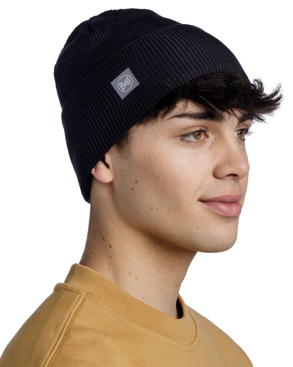 Black Coloured Buff CrossKnit Beanie on white background