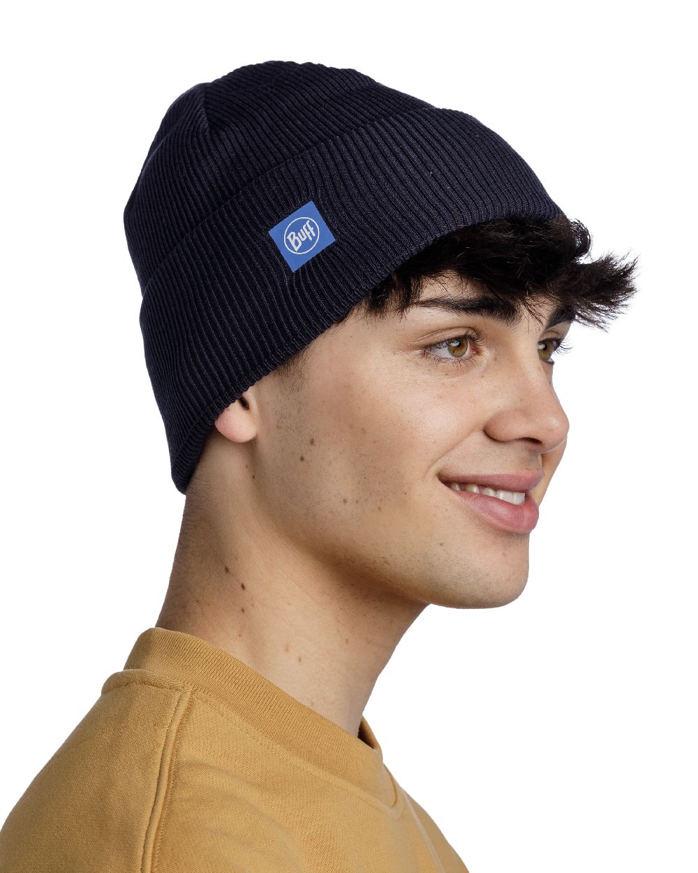 Night Blue Coloured Buff CrossKnit Beanie on white background