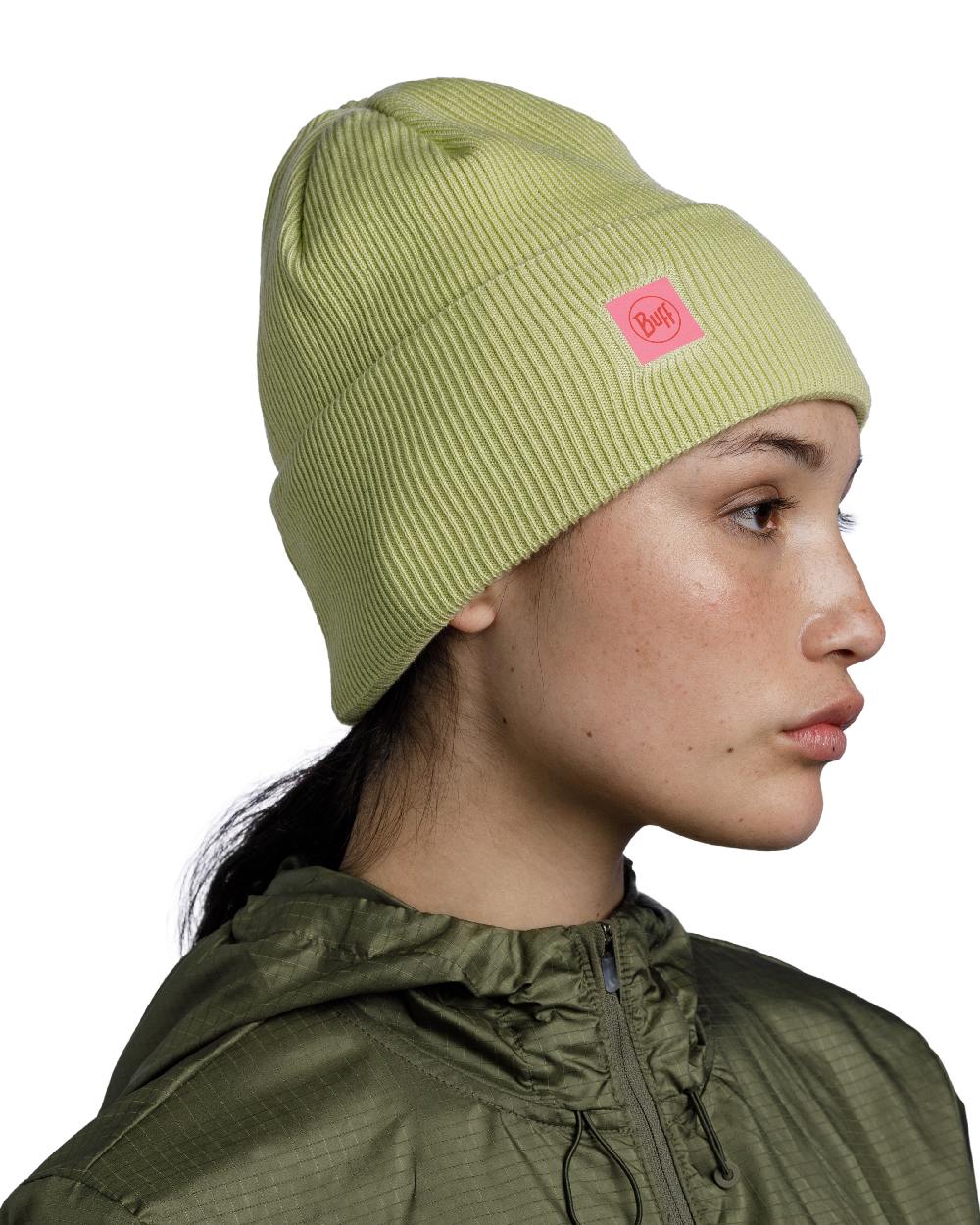 Sheen Yellow Coloured Buff CrossKnit Beanie on white background