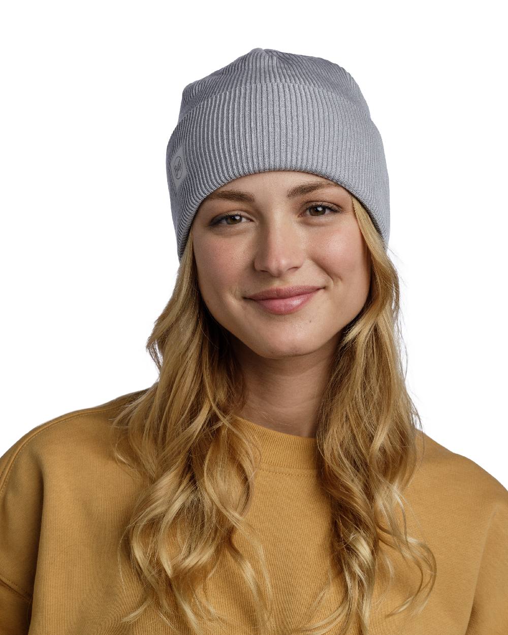 Solid Light Grey Coloured Buff CrossKnit Beanie on white background